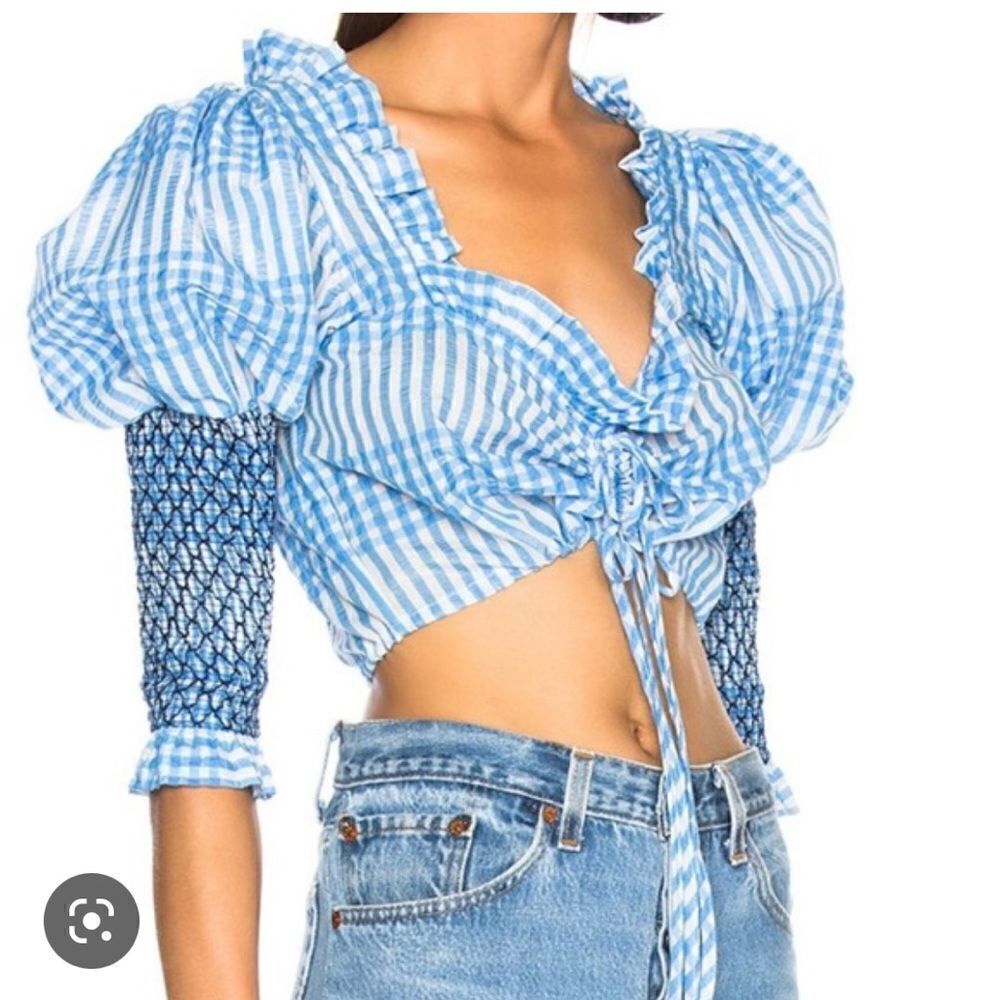 GANNI Blue Plaid Charron Top Crop Longs sleeves blouse Deawstring Front
